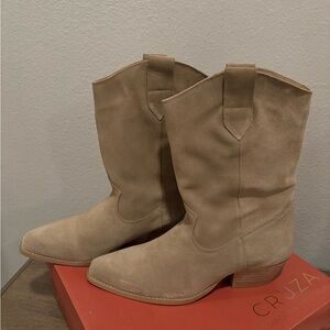 Suede Cowboy Mid-Calf Boots - Beige/ Sand
